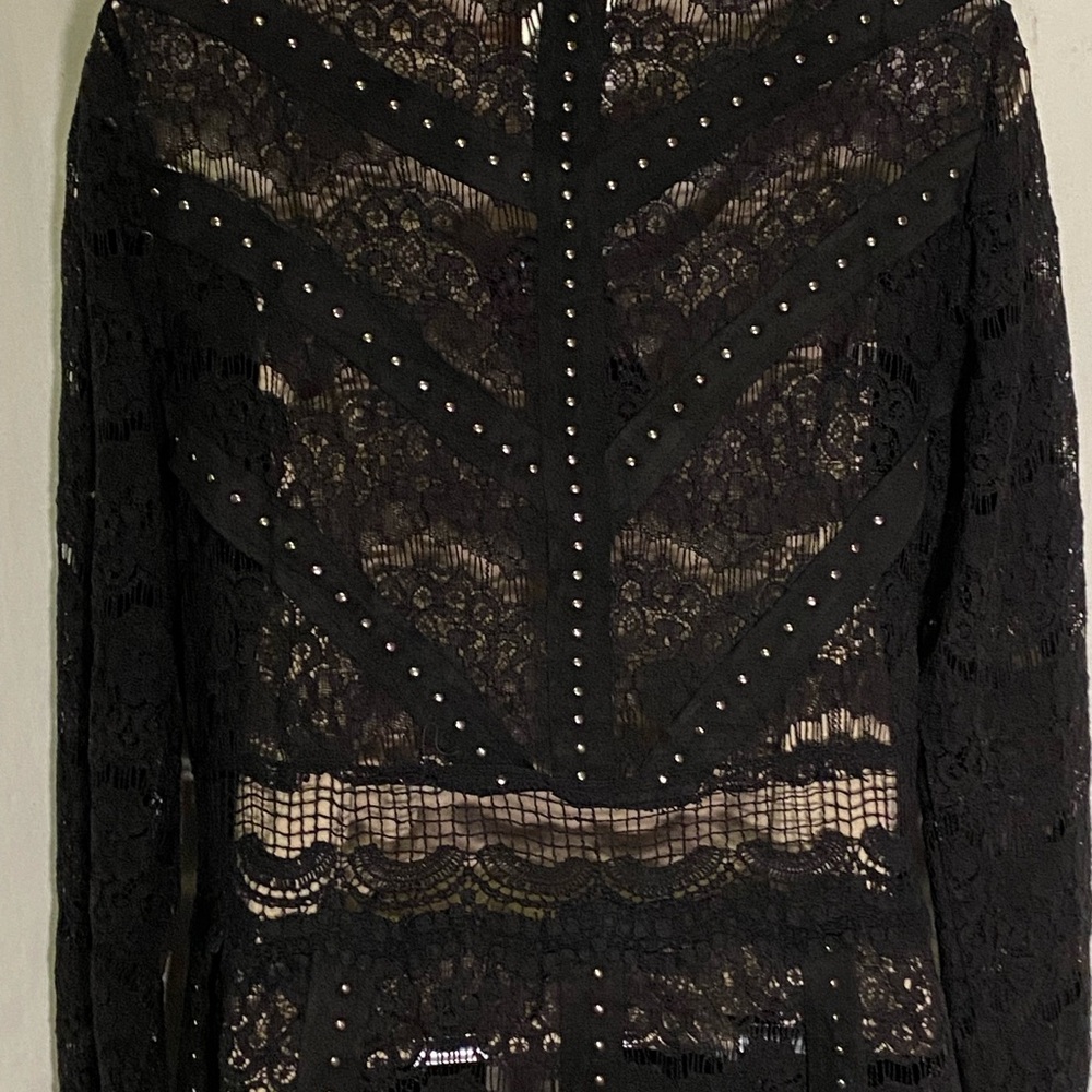 Vocal Lace Knit with Studded Faux Suede, Scalloped Hem Open Front Cardigan - Picture 7 of 13